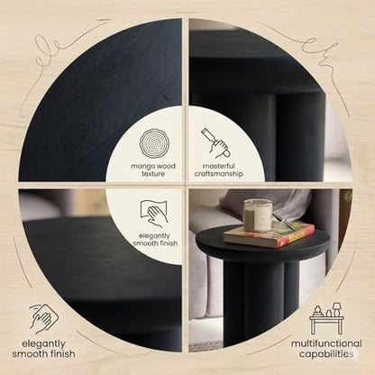 Relso Gaia Round End Table for Living Room and Bedroom, Solid Mango Wood Side Table or Nightstand, Black Finish, Compact Rustic Design, Boho Modern Farmhouse Style - color: Gaia-black