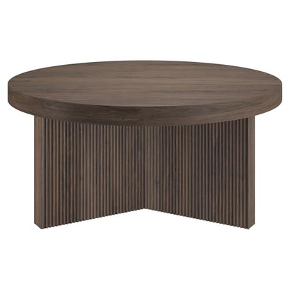 Henn&Hart 32" Scandinavian Fluted Coffee Table, Rich Brown | Ribbed pedestal base and low profile bring Scandinavian style to small spaces including living rooms or family rooms - color: Rich Brown, size: 32 inches