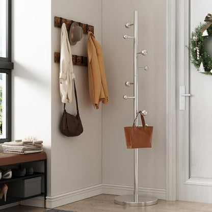 Coat Rack Freestanding Coat Tree with 8 Hooks Coat Rack Stand,Silver | Heavy Duty Metal Coat Hanger Stand for Jacket Hat Clothes Bag Stainless Steel Hall Tree Hat Rack for Entryway Bedroom Hallway - color: Silver with 8 Round Hooks