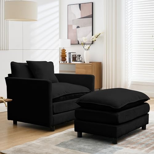 Button-Tufted Chaise Lounge Indoor, Velvet Chaise Lounge Chair with Legs & Toss Pillow, Armless Rolled Backrest Leisure Sofa Recliner For Living Room Bedroom (Black-56.3"- Single Seat & Ottoman) - color: Black Corduroy With Ottoman