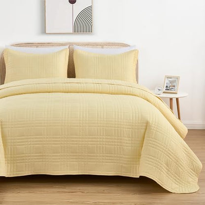 Chezmoi Collection Kingston Queen Size Bedspread Set, 3-Piece Pastel Yellow Oversized Quilted Microfiber Lightweight Bedspread Coverlet (100"x106") for All Seasons - color: Pastel Yellow, size: Queen