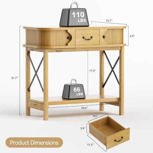 39'' Narrow Console Table, 2-Tier Entryway Sofa Table,Natural Wood | Narrow Entry Table with Drawer & Cabinets; Sturdy X-Frame, Slim Wood for Entryway, Hallway, Living Room & Behind Couch - color: Burywood