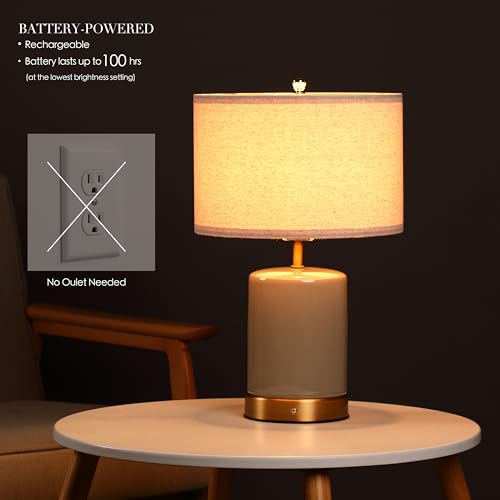 O’Bright Dune - Battery Powered Table Lamp, Rechargeable Cordless Ceramic Lamp, Full-Size 19.5 Inch Height, Dimmable, Smart Safety Protection, Type-C Fast Charging, LED Bulb Included, Stone Grey - color: Stone Grey, size: 19.5-inch