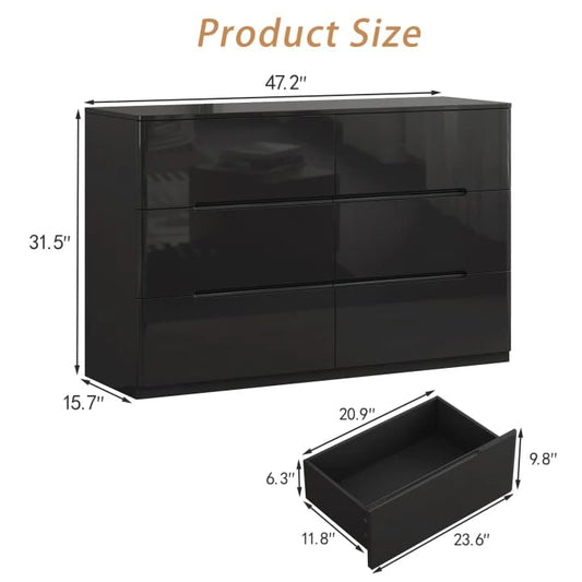 High Gloss Dresser for Bedroom, 47.2" Wide 6 Drawer Dresser, Black | Modern Dresser Chest of Drawers, Handle-less Design, High Gloss Panel, Dresser TV Stand, Wooden Dressers for Bedroom, Closet - color: Black, size: 15.7"D x 47.2"W x 31.5"H (6 Drawers)