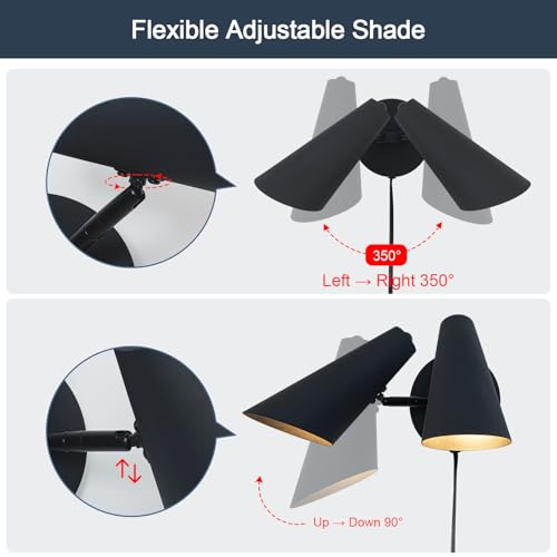 2-Light Plug in Wall Sconce, Matte Black Modern Vanity Light Wall Lamp with Rotatable Lampshade Picture Light for Bedroom Living Room Bathroom Foyer - color: B-Black