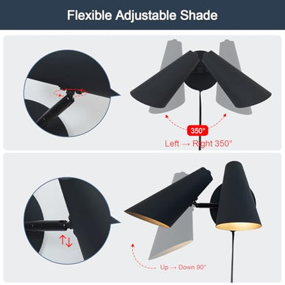 2-Light Plug in Wall Sconce, Matte Black Modern Vanity Light Wall Lamp with Rotatable Lampshade Picture Light for Bedroom Living Room Bathroom Foyer - color: B-Black