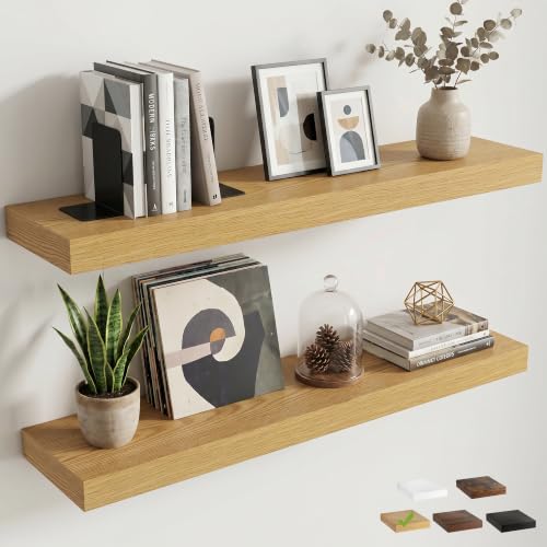 8 inch Deep Floating Shelves for Wall, 36" Wide, Oak Finish, 2-Pack | Engineered Wood Wall Shelves with Invisible Brackets for Living Room, Bedroom, Bathroom, Office & Kitchen Storage - color: Oak Finish, size: 36"W x 8"D, 2p