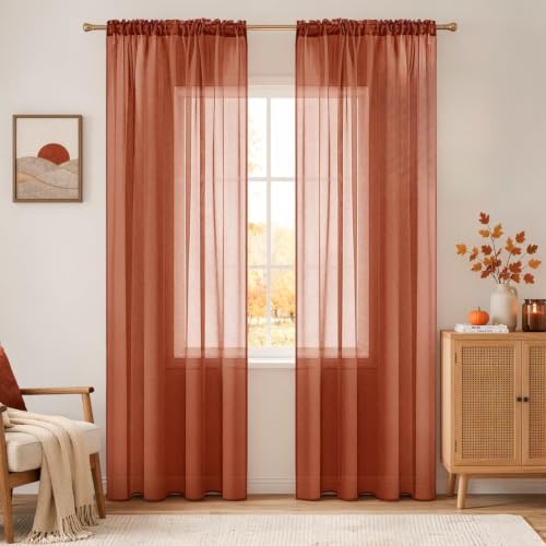 MIULEE Boho Fall Terracotta Linen Textured Sheer Curtains 42W×84L 2 Panels | Semi Transparent, Farmhouse, Window Net Panels with Rod Pocket for Bedroom Living Room - color: Terracotta, size: 42"W x 84"L (Pack of 2)