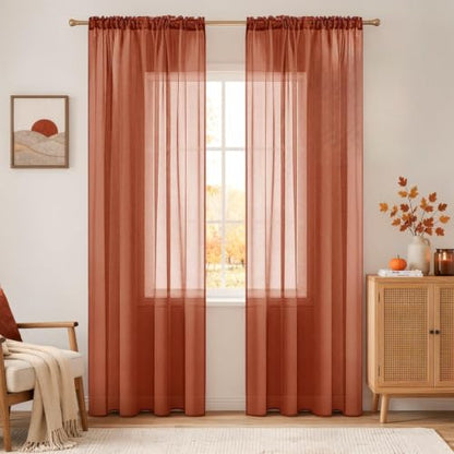 MIULEE Boho Fall Terracotta Linen Textured Sheer Curtains 42W×84L 2 Panels | Semi Transparent, Farmhouse, Window Net Panels with Rod Pocket for Bedroom Living Room - color: Terracotta, size: 42"W x 84"L (Pack of 2)