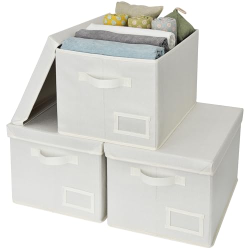 GRANNY SAYS Storage Bins with Lids, Decorative Storage Boxes with Lids | Storage Box with Dust Cover, Handles & Lable, Collapsible, Ideal for Closet Clothes Blanket Toys, Medium, Ivory, 3-Pack - color: Ivory, size: Medium