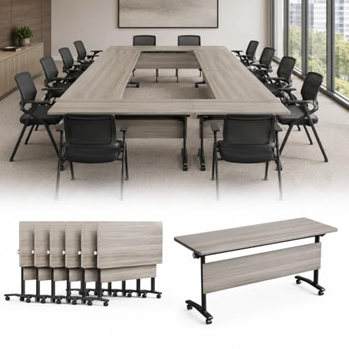 Folding Conference Table with Wheels, Flip Top Folding Conference Room Table for 2-12 Person, Mobile Training & Meeting Room Table, Modular Nesting Office Boardroom Desk with Lockable Casters - color: Elm, size: 47.2in