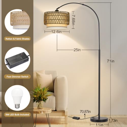 Rattan Floor Lamp, Dimmable Arc Floor Lamps with Adjustable Head | Boho Farmhouse Standing Lamp, Tall Pole Lamp Reading Light for Living Room, Bedroom, Over Couch, Office, 9W LED Bulb Included - color: Black Base with Rattan Shade