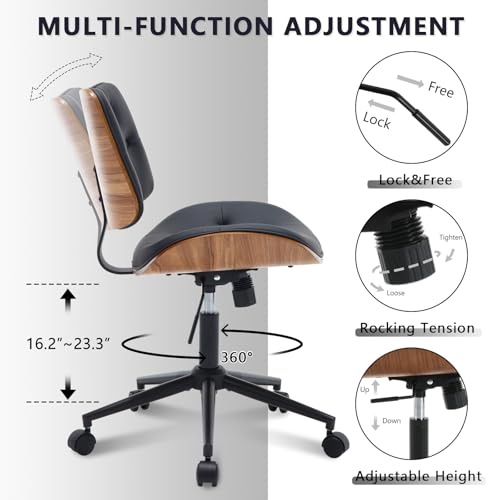 Armless Home Office Chair in Button Style, PU Leather Small, Black | PU Leather Adjustable Height Computer Desk Chair, 360 Swivel Small No Arms Office Seat, Walnut Design Stool, 300LBS Cap - color: Black, size: Button Style
