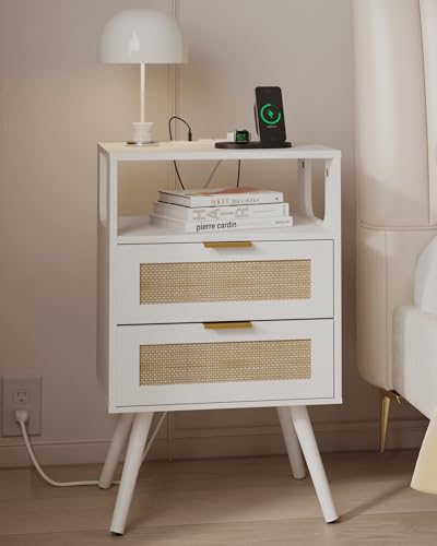 Rattan Nightstand with Charging Station,Farmhouse Bedside Table with 2 Storage Drawer and Open Wood Shelf, for Bedroom and Small Spaces,Night Stand with Solid Wood Legs (White-Outlet) - color: White-outlet