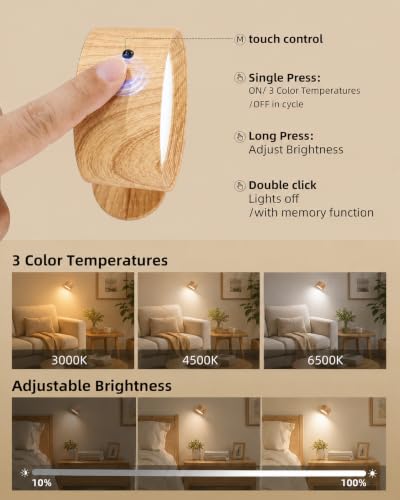 LED Wall Mounted Lights, Rechargeable Wall Sconces, 3 Color Temps, Remote & Touch, 360° Rotating and Dimmable for Bedroom, Bedside & Reading (Wood, 2 Pack) - color: Wood