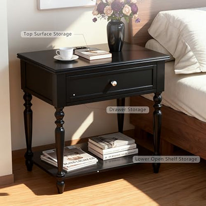 Solid Wood Nightstand with Charging Station, Traditional End Table with Drawers and Open Shelf, Bedside Table with Storage, Modern Side Table for Bedroom, Black - color: Black