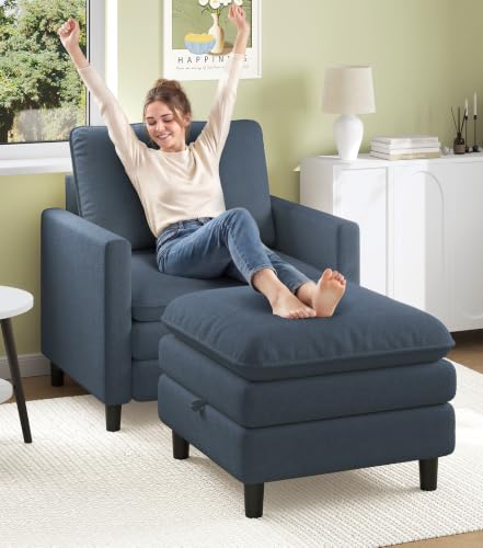 Welzona 3-Layers Cloud Accent Chair with Ottoman, 33" Teddy Reading Chair | Comfy Teddy Fabric, Washable Covers, Tool-Free Setup, All-wood Arm Chair and Ottoman Sets for Living Room, Bedroom, Blue Grey - color: Blue Grey, size: cloud chair & ottoman
