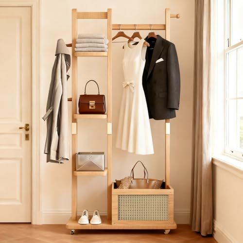 Solid Wood Clothes Rack with Wheels, Rolling Clothing Rack with 4 Shelves & 4 Hooks, Oak Coat Rack Freestanding Heavy Duty with Storage Basket, Coat Hanger Stand for Garment Bags Wallets Hats Shoes - color: Natural Wood