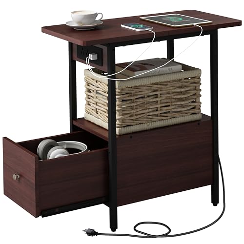 LIDYUK End Table with Charging Station, Narrow Side Table with Drawer | Equipped with USB Ports & Power Outlets, Nightstand Bedside Tables for Small Spaces, Bedroom, Living Room, Dark Cherry - color: Dark Cherry, size: Pack of 1