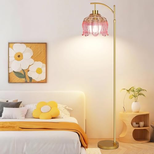 ILLMTW Pink Floor Lamp for Living Room,Bedroom,Glass Mid Century Modern Standing Lamp with Remote,Dimmable Gold Brass Tall Lamp Tulip Flower Arc Floor Light Boho Bohemian - size: Floor Lamp-23