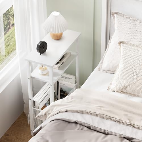 MMEOLUOOK Narrow Side Table with Storage Basket Skinny End Tables for Smalls Spaces 3 Tier Sofa Table Small Nightstand Slim Bedside Table for Living Room Bedroom White MLBZ22W - color: White