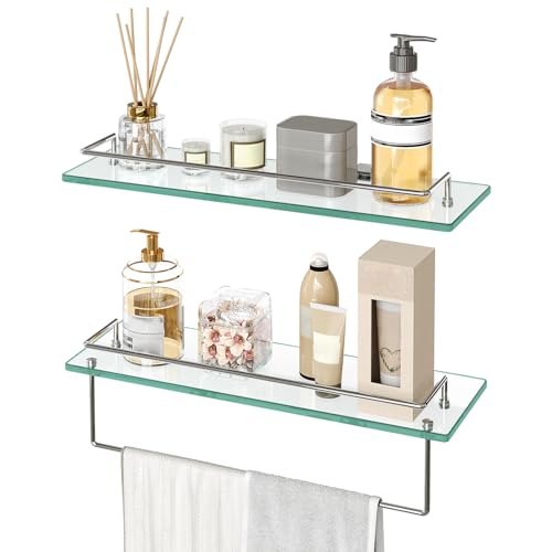 HOOBRO Glass Shelves for Bathroom, 15.7 Inch Floating Glass Shelf for Wall, Set of 2 Tempered Stainless Steel Wall Mounted Stand for Toilet, Room Decor, Silver SV02BJ01
