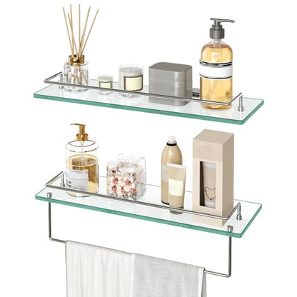 HOOBRO Glass Shelves for Bathroom, 15.7 Inch Floating Glass Shelf for Wall, Set of 2 Tempered Stainless Steel Wall Mounted Stand for Toilet, Room Decor, Silver SV02BJ01