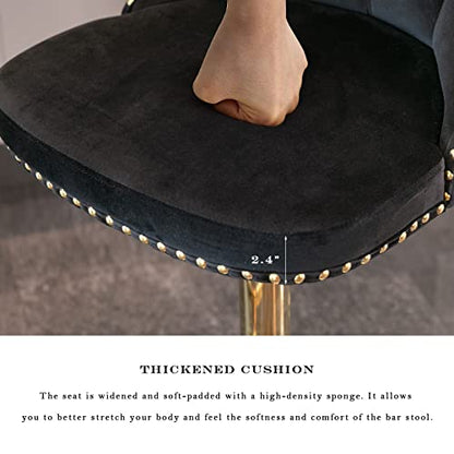 Velvet Bar Stool Set of 2, Adjustable Swivel Bar Stools with Gold Plated Metal Leg, Button Tufted, Footrest, Chrome Nailhead, Counter Height Chair for Kitchen, Bar, Dining Room (Black) - color: Black-gold Leg, size: Set of 2