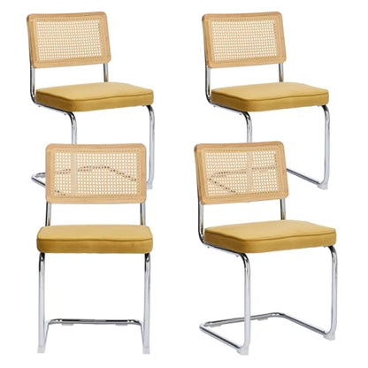 Rattan Dining Chairs Set of 4,Velvet Cesca Chair Kitchen Chair,Gold | VICBARLEY Mid Century Modern Dining Chairs,Wood Cane Backrest&Chrome Base,Upholstered Side Chair for Dining Room,Kitchen - color: Gold, size: Set of 4