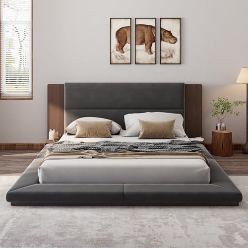 Velvet Upholstered Floor Platform Bed with Extended Wood Headboard & Bedside Shelves - No Box Spring Needed, Low Profile Bed Frame with Storage Space, Gray (King)