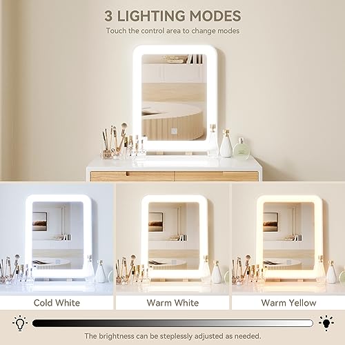 YOURLITE Makeup Vanity Desk with Lighted Mirror & Stool | 31.5" Makeup Table, 3 Lighting Modes, Adjustable Brightness, 2 Drawers, Cushioned Stool, Square Mirror - size: 31.5", style: Square Mirror Wooden