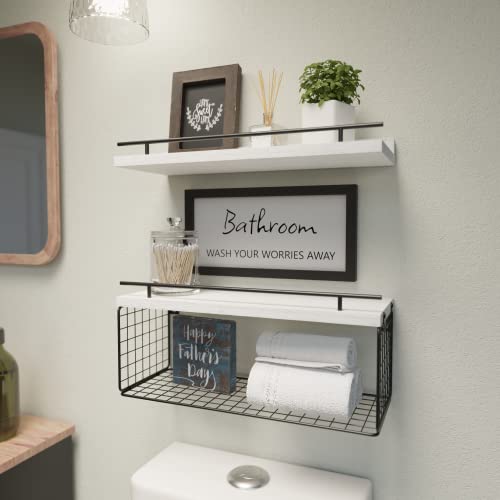 Floating Shelves for Wall Decor Sign, Bathroom Organizer and Storage, Bathroom Shelves Over Toilet with Metal Guardrail-Modern White - color: Modern White