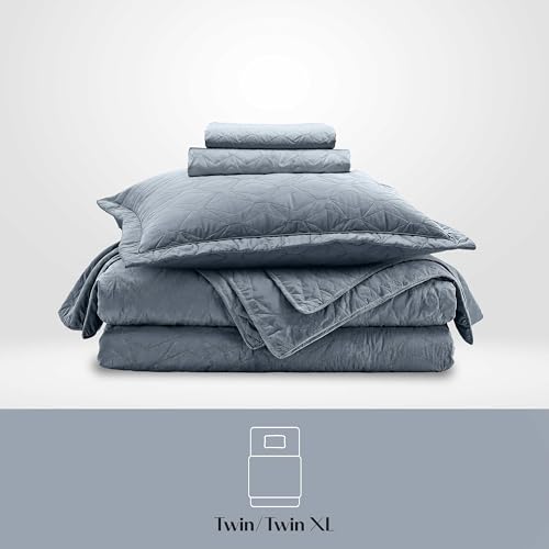 Clara Clark Quilts Twin Size - All Season Bedspread Coverlet Set, Pinsonic Weave Lightweight Bedding Set - 5 Piece Twin Quilt Set with Pillow Shams, Steel Blue - Twin Grid - color: 22 – Slate Blue – Grid, size: Twin