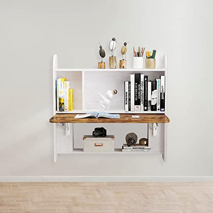 Wall Mounted Drop-Leaf Table, Floating Laptop Desk, Folding Table with Shelves, Multifunctional Computer Workstation with Storage Compartments in Home Office for Space Saving (Grayish White) - color: Grayish White