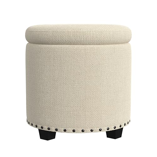HomePop 18.5" Round Storage Ottoman with Nailheads - Cream Woven - color: Cream Woven