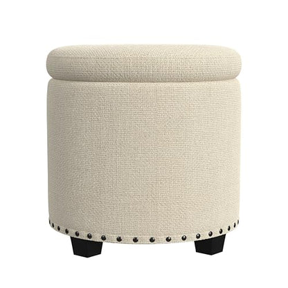 HomePop 18.5" Round Storage Ottoman with Nailheads - Cream Woven - color: Cream Woven