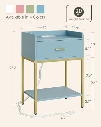 Masupu Nightstand with Charging Station,3-Tier Modern Bedside Night Stand with Storage Drawer and Shelf,Small End Side Table for Bedroom,Living Room,Gold and Blue - color: Outlet-blue
