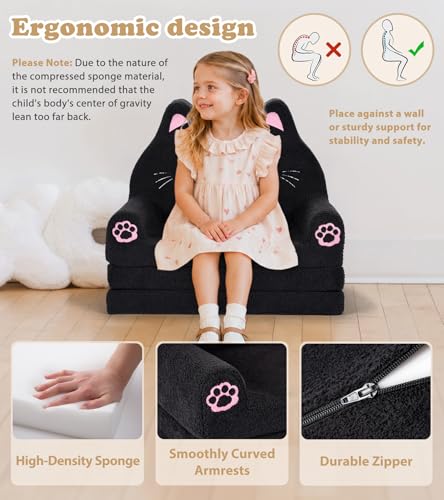 Foryoomi Kids Couch, 2-in-1 Soft Toddler Couch Fold Out with Blanket, Chair Comfy, Foldable Convertible Plush Sofa, Gifts for Kids Girl Boys, Black Cat - color: Black