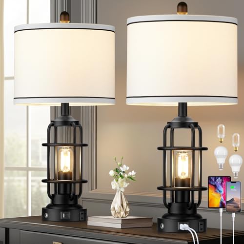 Modern Table Lamps Set of 2, Industrial 3-Way Dimmable Bedside Lamp with USB A+C Ports & AC Outlet, 25" Touch Control Nightstand Lamp LED Night Light for Living Room Bedroom Home(4 Bulbs Included) - color: Black-1
