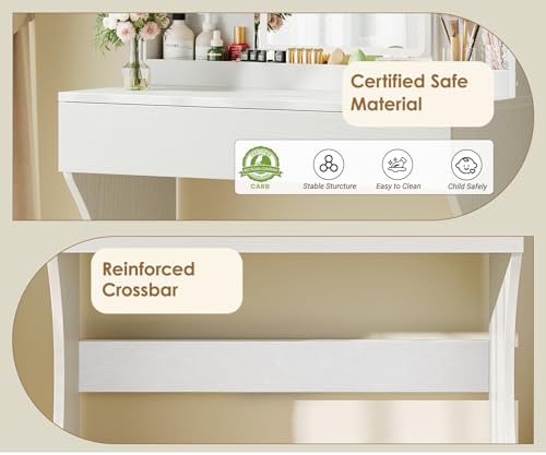 White Small Vanity Desk with Mirror and 3 Adjustable Light Modes | Dimmable Lighting, Multi Storage Area, Quick Assembly, CARB P2 Certified Material - color: White