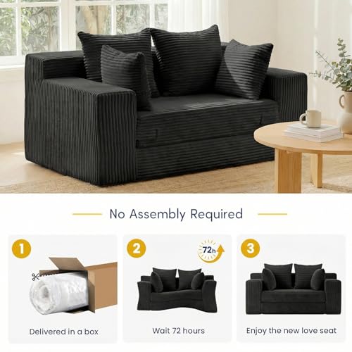 cidludto Boneless Couch Loveseat Sleeper, Convertible Sofa Bed Folding Couch Bed Foldable, 2 in 1 Boneless Chair Bed & Futon Sofa Bed, Small Pull Out Sofa with 4 Pillows for Living Room, Black - color: Black, size: Loveseat-55''