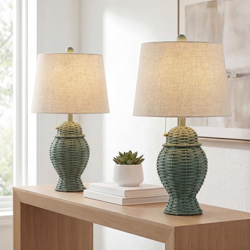 JONATHAN Y 20.5" Wicker Table Lamp, Green with Beige Shade, Set of 2 | Margie Bohemian Rustic Farmhouse Coastal Urn Rattan Metal, Pull Chain Switch, Linen, LED Bulbs Included - color: Green