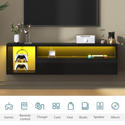 sogesfurniture 39.3'' Floating Wall TV Cabinet Stand with LED Lights, Wall Mounted Entertainment Center with Storage Shelves, Modern High Gloss Media Console for Living Room, Bedroom - size: 39.3"-Black