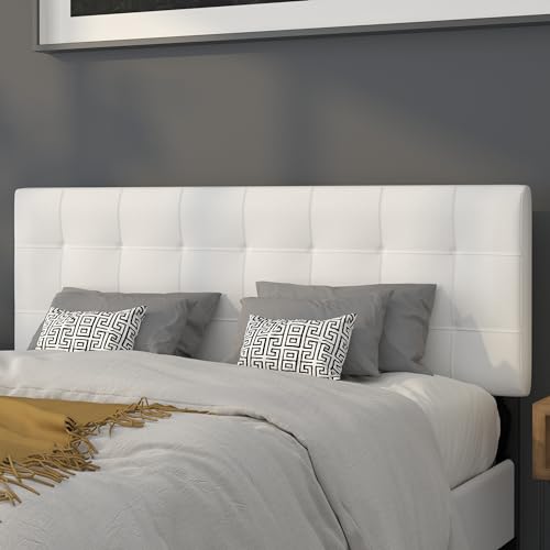 EMMA + OLIVER White Queen Quilted Tufted Headboard | Adjustable Bed Rail Slots, Fabric Upholstered - color: White, size: Queen
