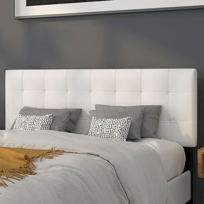 EMMA + OLIVER White Queen Quilted Tufted Headboard | Adjustable Bed Rail Slots, Fabric Upholstered - color: White, size: Queen