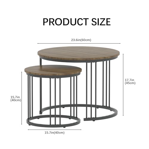 Nesting Coffee Table, 23.6" Round Coffee Table Set of 2, Wooden Nesting Table with Metal Frame, Ceter Tables for Living Room Bedroom Balcony, Brown - color: Brown