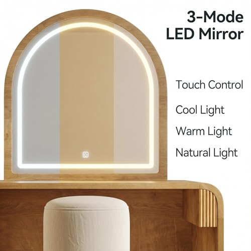 Makeup Vanity Desk with LED Touch Screen Lighted Mirror, Wooden Vanity Table with Drawer, Curved Edge Dressing Table with Removable Mirror for Bedroom (Natural) - color: Natural