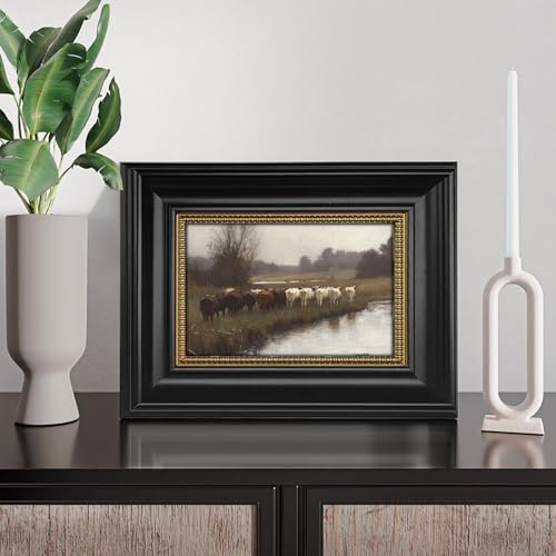 Gatheroad Black Framed Vintage Canvas Wall Art Prints, Landscape Art Picture, Retro Rustic Aesthetic Cow Bathroom Decor, Farmhouse Animal Home Accent for Living Room Bedroom Office, 8x10in - color: Dusky Cattle, size: 8X10inch