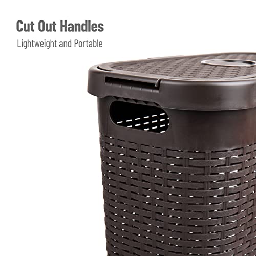Mind Reader Slim Laundry Hamper with Lid, 40L Clothes Basket, Narrow Tapered Design with Ventilated Cutout Pattern, Plastic, Brown - color: Brown, size: Single