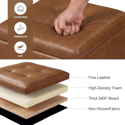 15 inch Square Storage Ottoman with Tray Lid,Modern Tufted Faux Leather Cube Coffee Table with Storage,Upholstered Ottoman with Removable Top for Living Room, Bedroom - color: Faux Leather -Taupe Brown With Tray